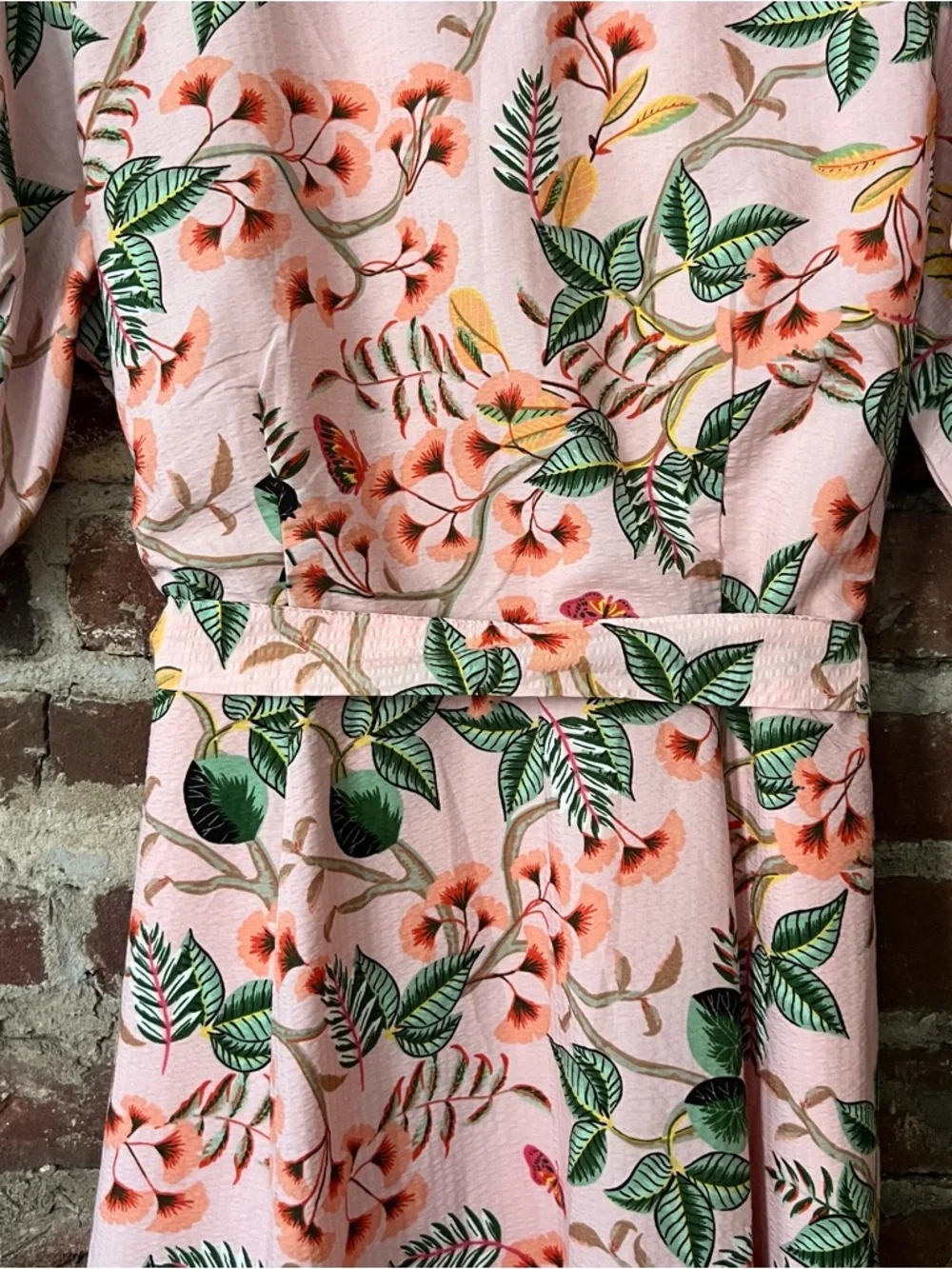 LOFT Peach-Pink Floral Midi Dress with Green Leaf Print - Picture 8 of 8